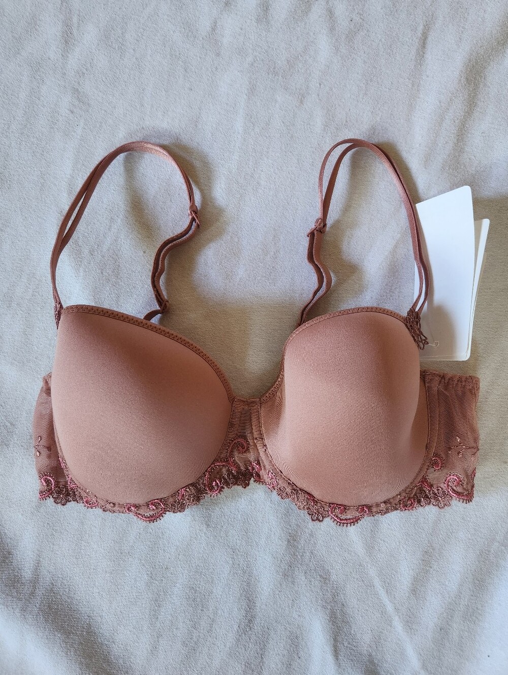 NWT Simone Perele Delice 3D Plunge Bra 32C Rose Pink Embroidered Lace